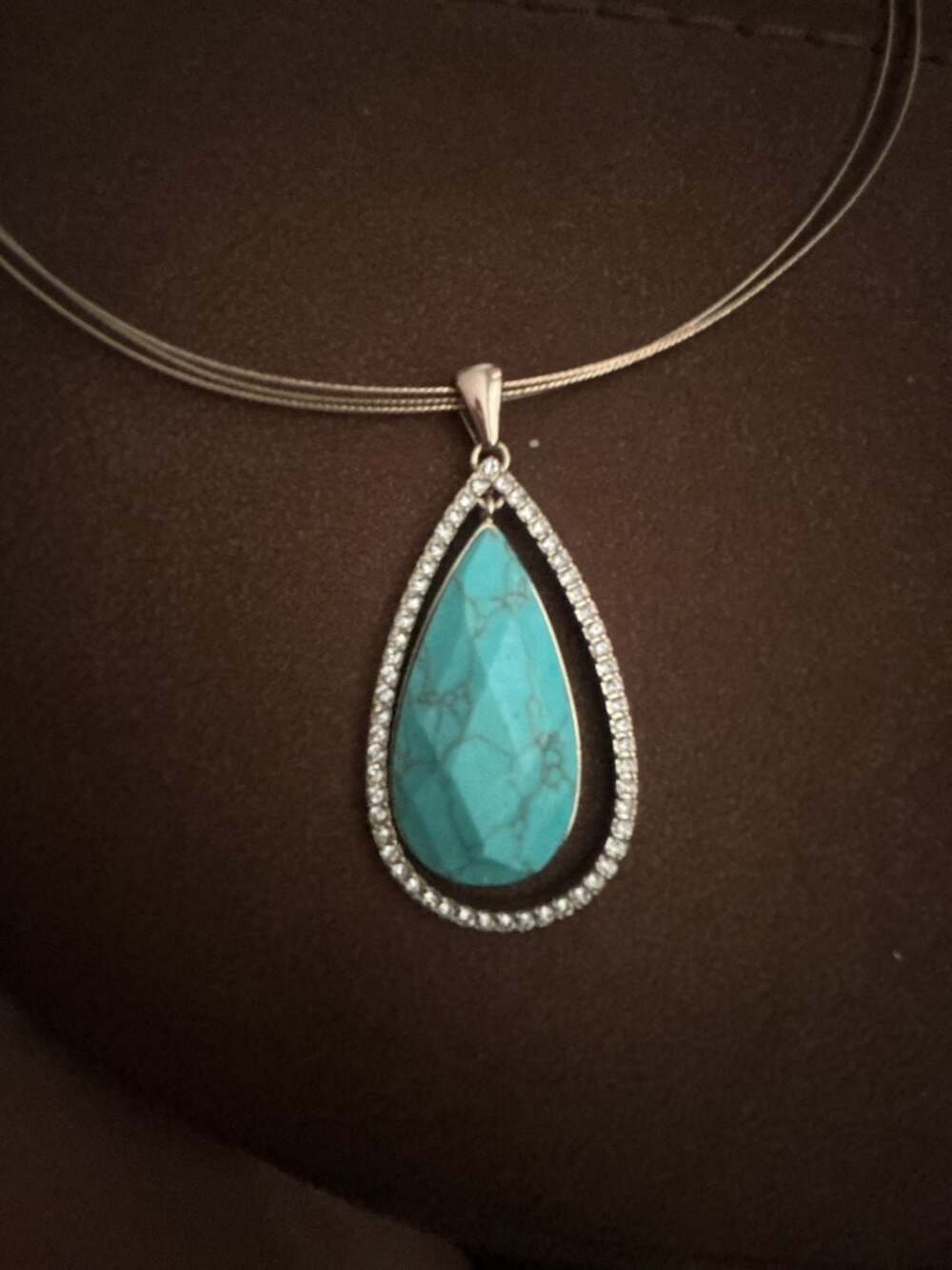 Lucky Brand Silver Tone Pear Shaped Large Pendant Necklace Turquoise Tassel Set - Picture 3 of 7
